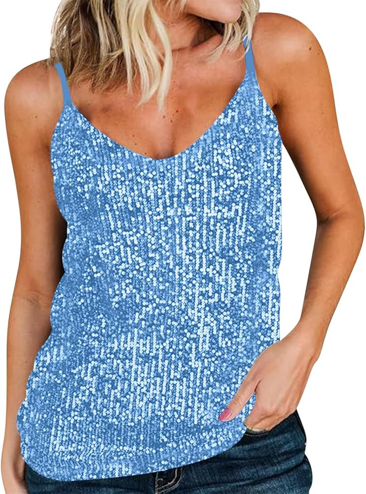 TANGNADE Women Sexy Sparkle Shimmer Cami Tank Tops Ladies Disco Sequin Camisole Blouse Sparkly Ho... | Amazon (US)