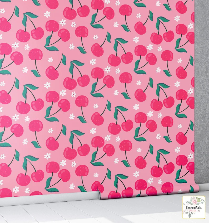 Pink wallpaper with cherries, botanical wall mural [Peel and Stick (self adhesive) or Traditional... | Etsy (US)