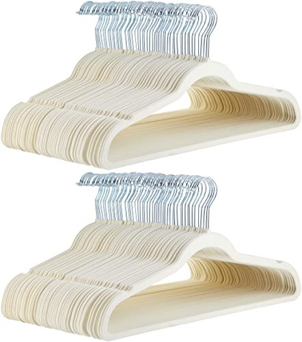 Amazon Basics Slim Velvet Non-Slip Space Saving Suit Clothes Hangers for Closet Organization, Ivory/Beige, 100-Pack | Amazon (US)