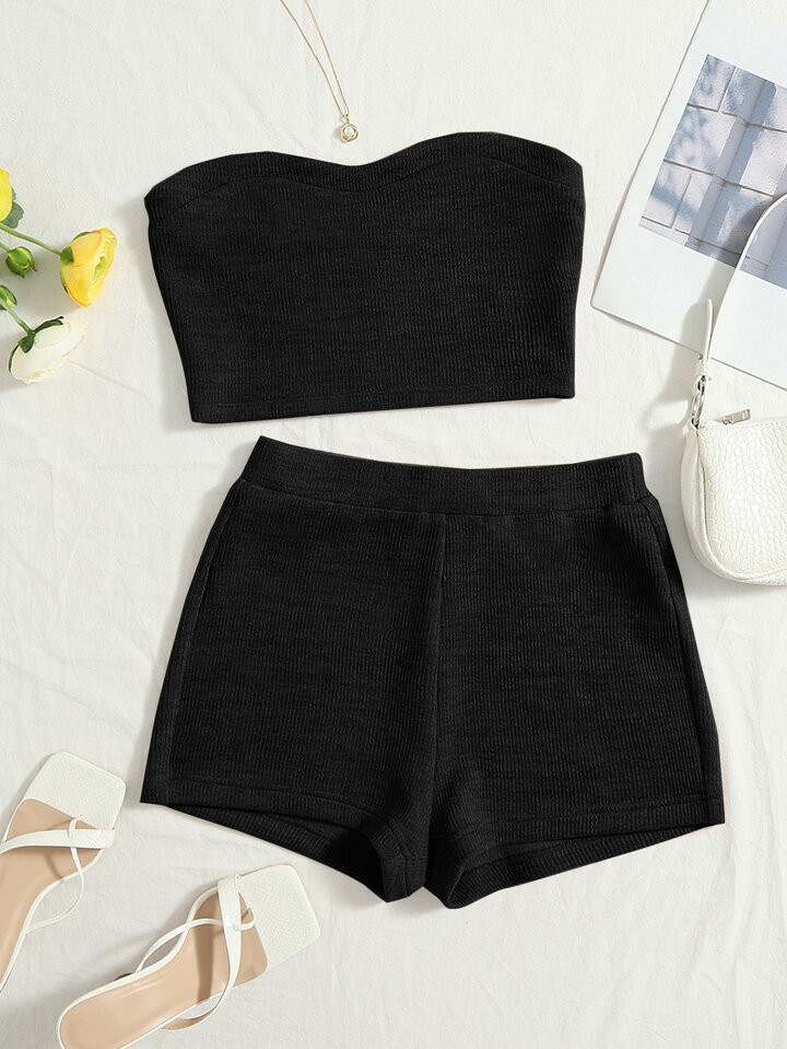 Soleia WYWH Women Vacation Black Two Pieces Set Ribbed Knit Tube Top & Biker Shorts | SHEIN