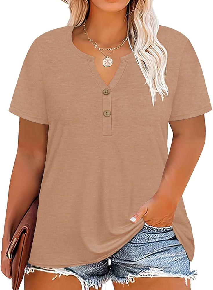 RITERA Plus Size Tops for Women V Neck Button Up Short Sleeve Henley Tshirt Casual Blouse Pullove... | Amazon (US)