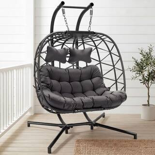 Large 2-Person Charcoal Gray Wicker Double Patio Swing Egg Chair with Black Stand and Gray Cushio... | The Home Depot