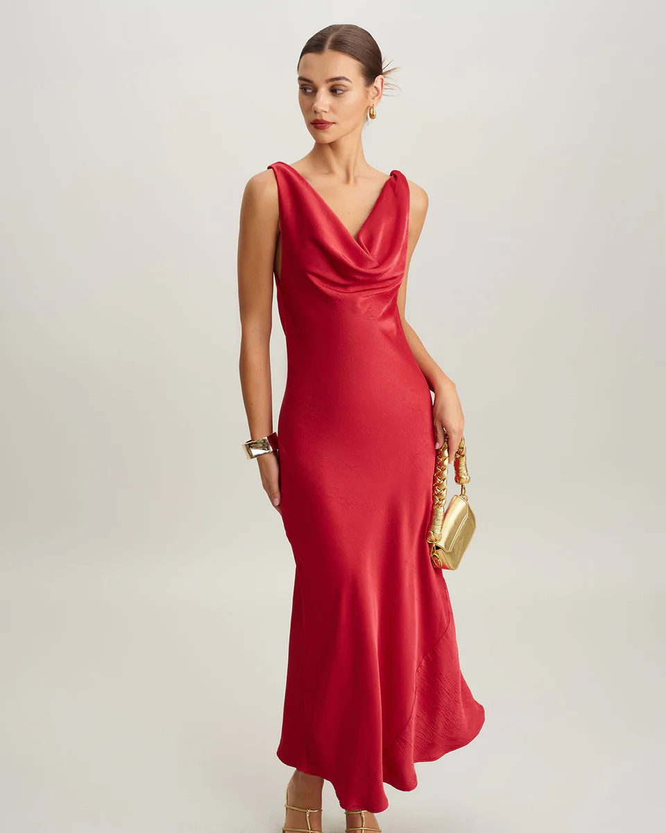 Red Satin Cowl Neck Backless Maxi Dress | rihoas.com