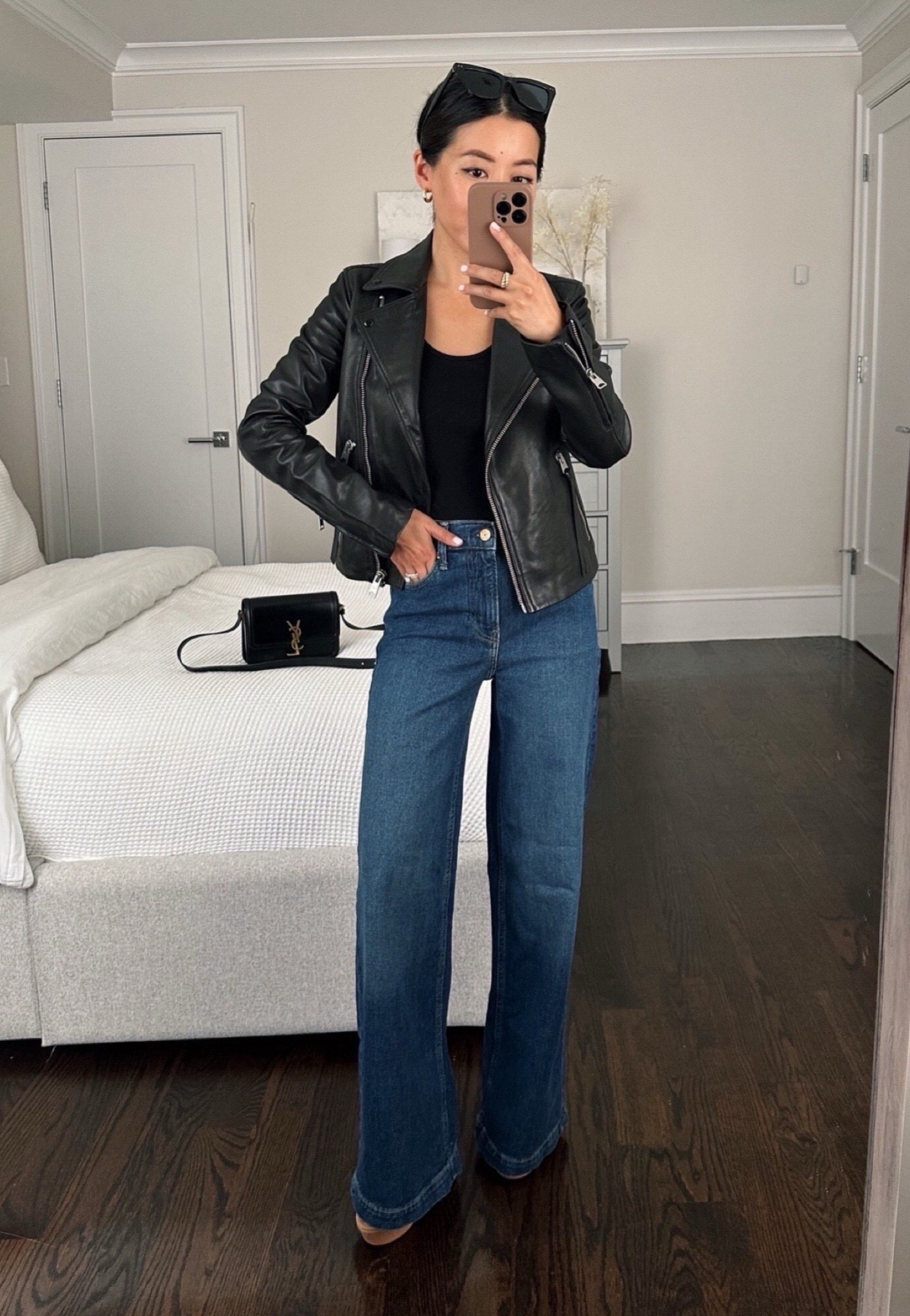 One of the best Nordstrom anniversary sale items each year in terms of high quality and fit for petites : Allsaints Dalby  jacket 

A timeless leather jacket that I've had for a few years. 

The 00 is a snug fit as Allsaints jackets run small, if buying this jacket again now I’d size up to a 0 

 •Gap trouser jeans 24P (very flattering and elongating  but FYI runs long . Waist is a little loose on me. 

•BP top - old

• Schutz platform sandals 5.5

•BP $15 sunglasses - good fit and value, I have 2 pairs 

•YSL bag

Nsale, nordstorm anniversary dalr 

#LTKSeasonal #LTKPetite #LTKSaleAlert
