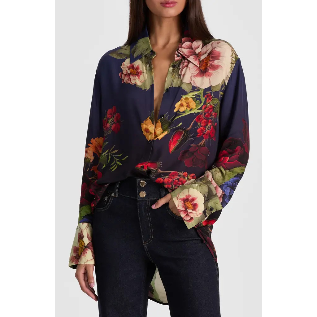 Alice + Olivia Finely Floral Long Sleeve Oversize Button-Up Shirt in Magic Garden Gradient at Nordstrom, Size Small | Nordstrom