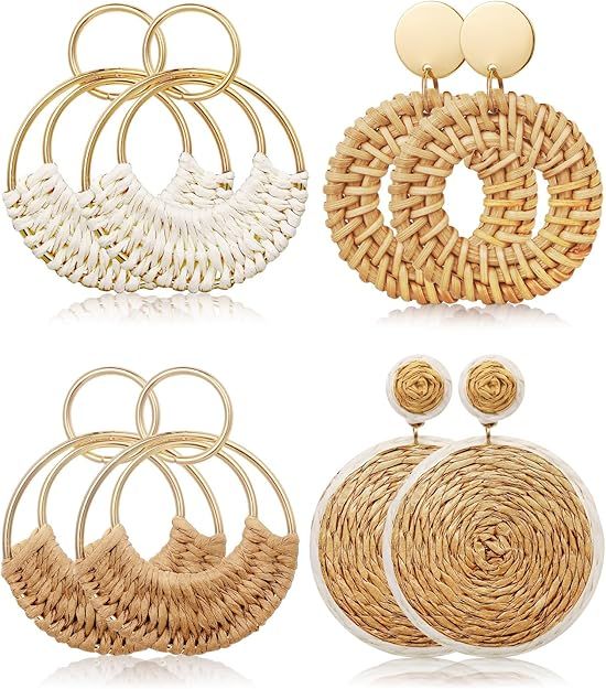 4 Pairs Handmade Raffia Rattan Bohemian Round Drop Dangle Earrings for Women, Boho Statement Cute... | Amazon (US)