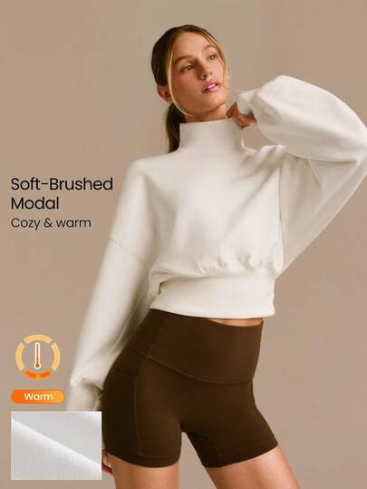 GLOWMODE Modal Soft Warm Curved Bubble Hem Waist Length Oversized Ribbed Cuffs High Neck Pullover Sweatshirt Daily | SHEIN