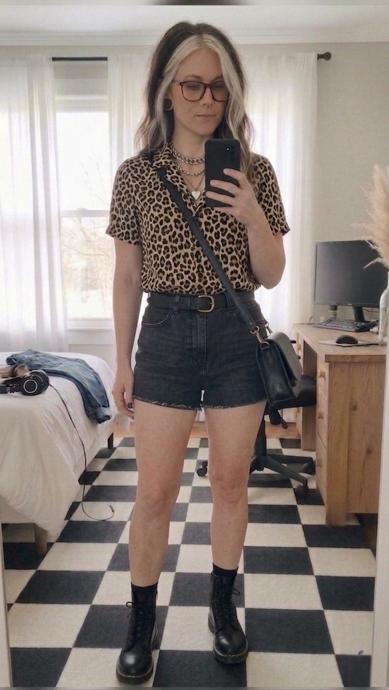 Leopard print is a neutral in my book! 🐆 Keeping it cool and edgy with this button-up and high-waisted black denim shorts combo. These combat boots are my go-to for adding a little grit to a summer outfit. Perfect for a concert, a coffee run, or just feeling like a badass.

#LTKSeasonal #LTKMidsize #LTKootd
