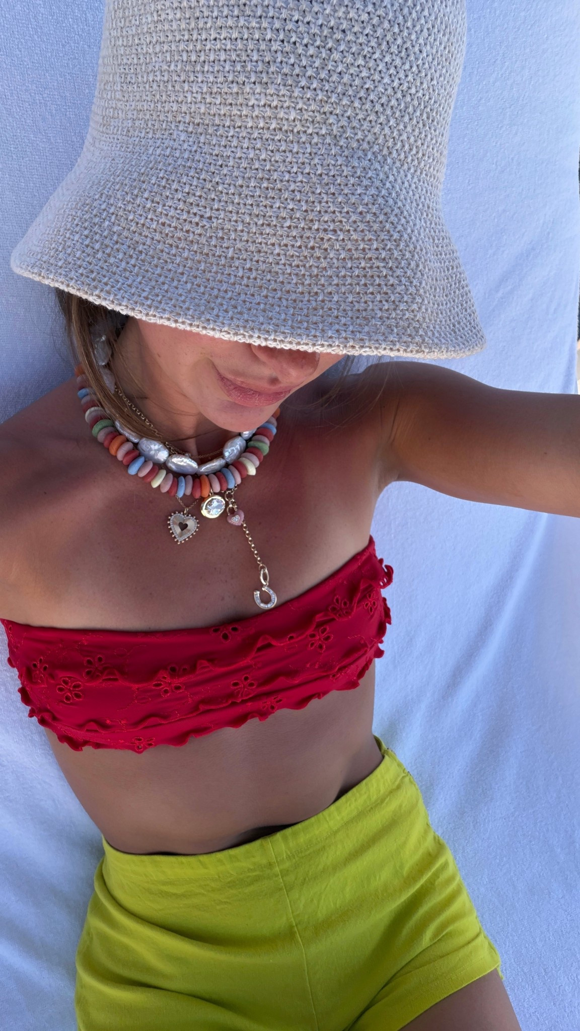 I’m only able to link the shorts! I’m wearing a small! They are tiny so good for the beach but wouldn’t wear out during the day! Swimsuit is from a shop in Naples that doesn’t sell online :( hat and jewels are ALV jewels!