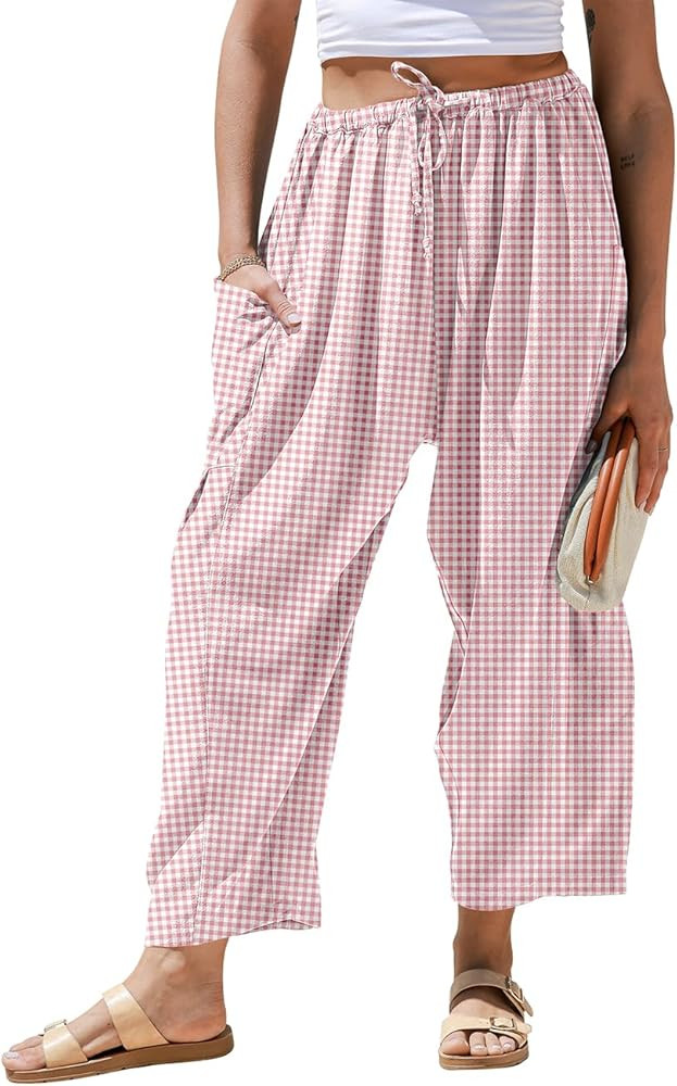 TARSE Womens Wide Leg Striped Plaid Pants Casual Barrel Loose Drawstring Low Waist Palazzo Harem ... | Amazon (US)
