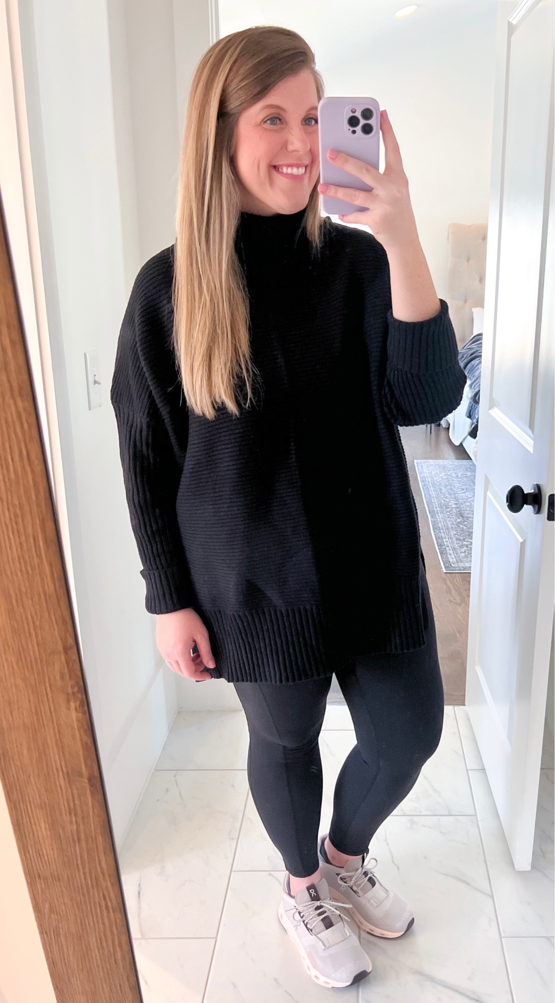 The search is over for a black turtleneck sweater that is long enough to cover what needs to be covered, not too thick, just enough stretch and is soft! I have already worn this dressed up to work and dressed down with leggings and sneakers like today! I am wearing my normal size for an oversized fit but could have sized down. Comes in 5 colors. 

#LTKmidsize #LTKfindsunder100 #LTKfindsunder50
