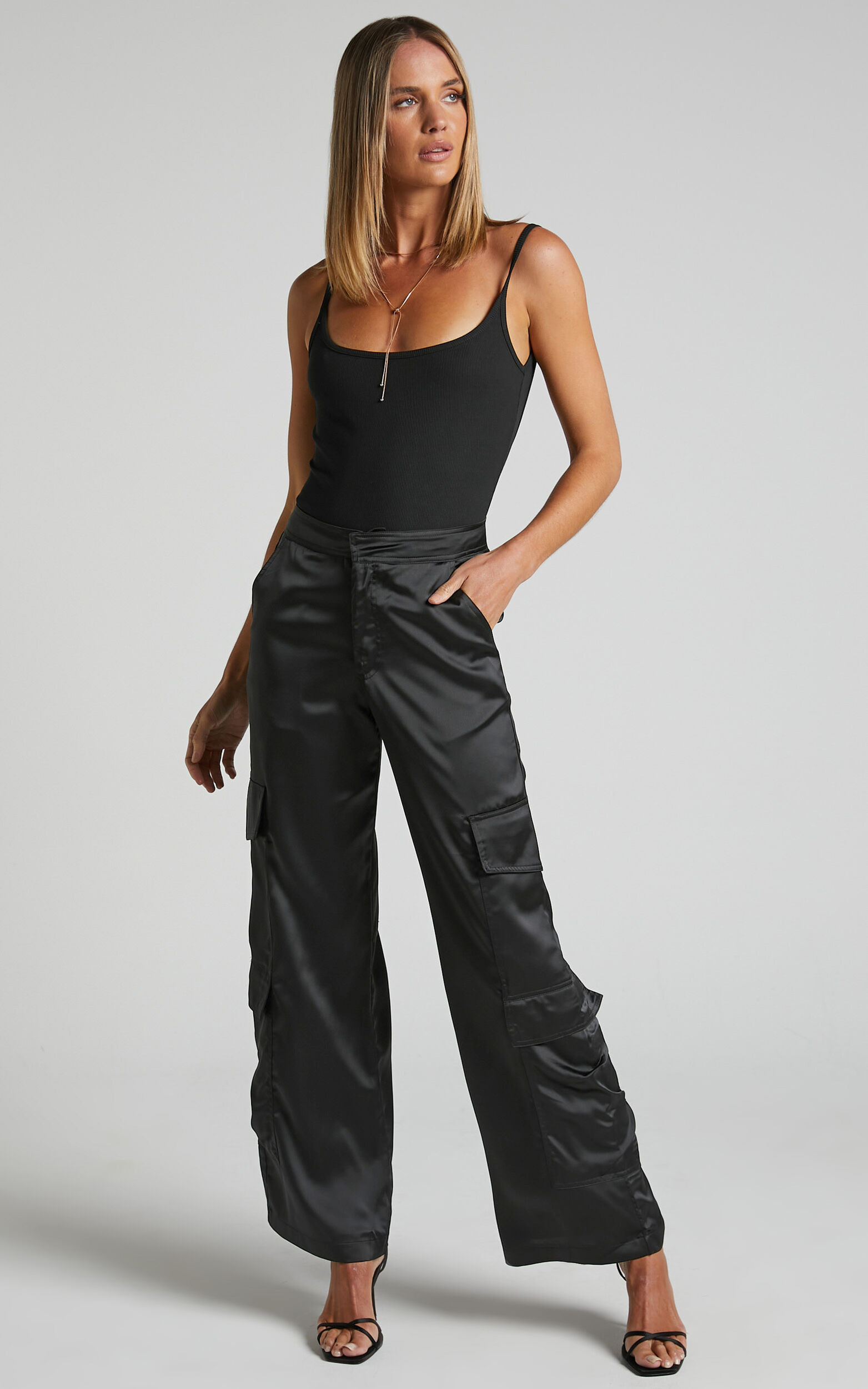 Saori Pants - Mid Rise Satin Cargo Pants in Black | Showpo (US, UK & Europe)