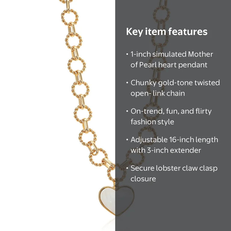 Time and Tru Women's Gold Tone Mother of Pearl Heart Statement Necklace | Walmart (US)