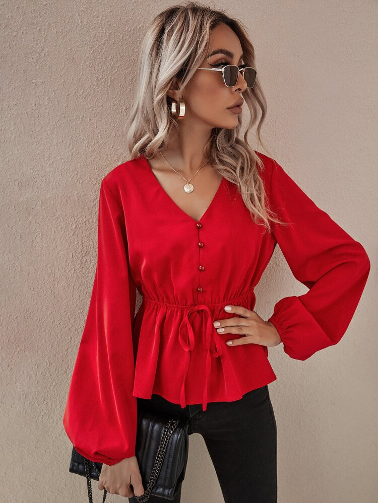 Drawstring Waist Lantern Sleeve Babydoll Blouse | SHEIN