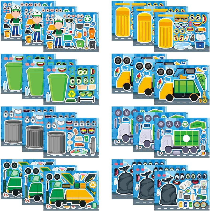 24 Sheets Make Your Own Garbage Truck Stickers, Make-a-Face Trash Truck Stickers, DIY Craft Garba... | Amazon (US)