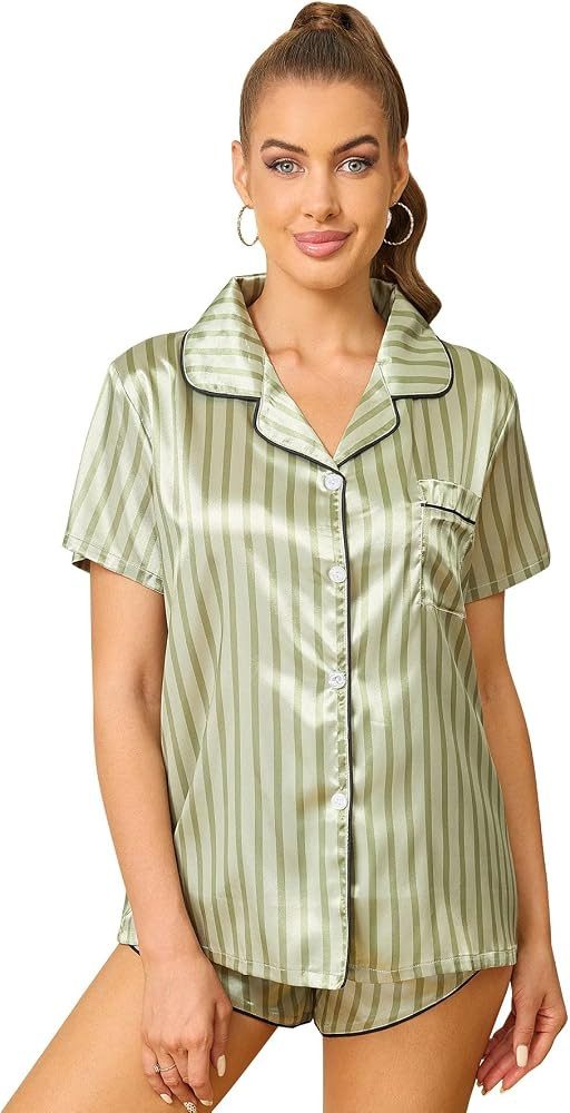 WDIRARA Women's Sleepwear Satin Short Sleeve Shirt and Shorts Pajama Set | Amazon (US)