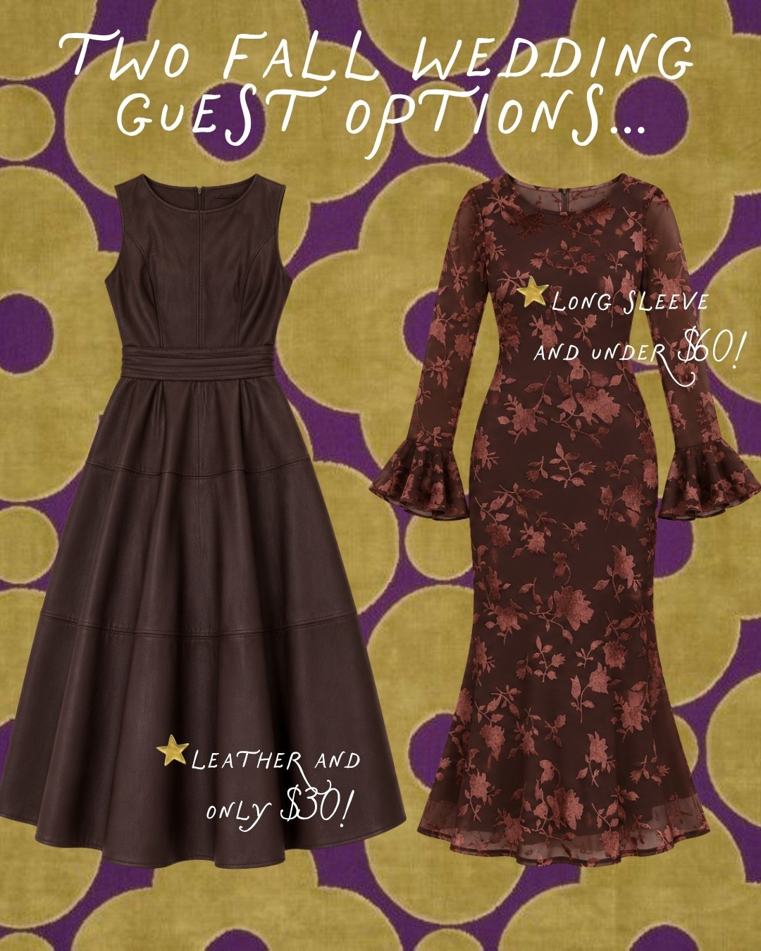 Two gorgeous fall wedding guest dresses that look SO much more expensive than they are! 🍂✨ I love the rich chocolate brown faux-leather dress for a chic statement look and the floral long-sleeve dress for something a little more romantic. With one around $30 and the other under $60, these are such pretty affordable options for fall weddings and special occasions!

#LTKWeddingGuest #LTKSeasonal #LTKOver40 #LTKStyleTip