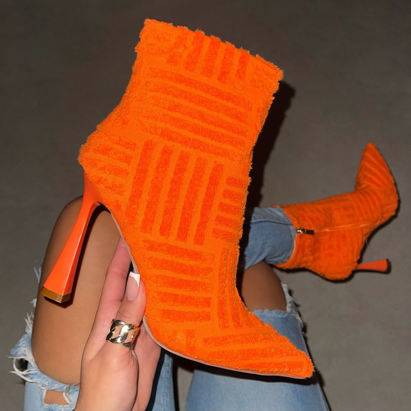 Roman Orange Towelling Point Toe High Ankle Boots | Simmi Shoes
