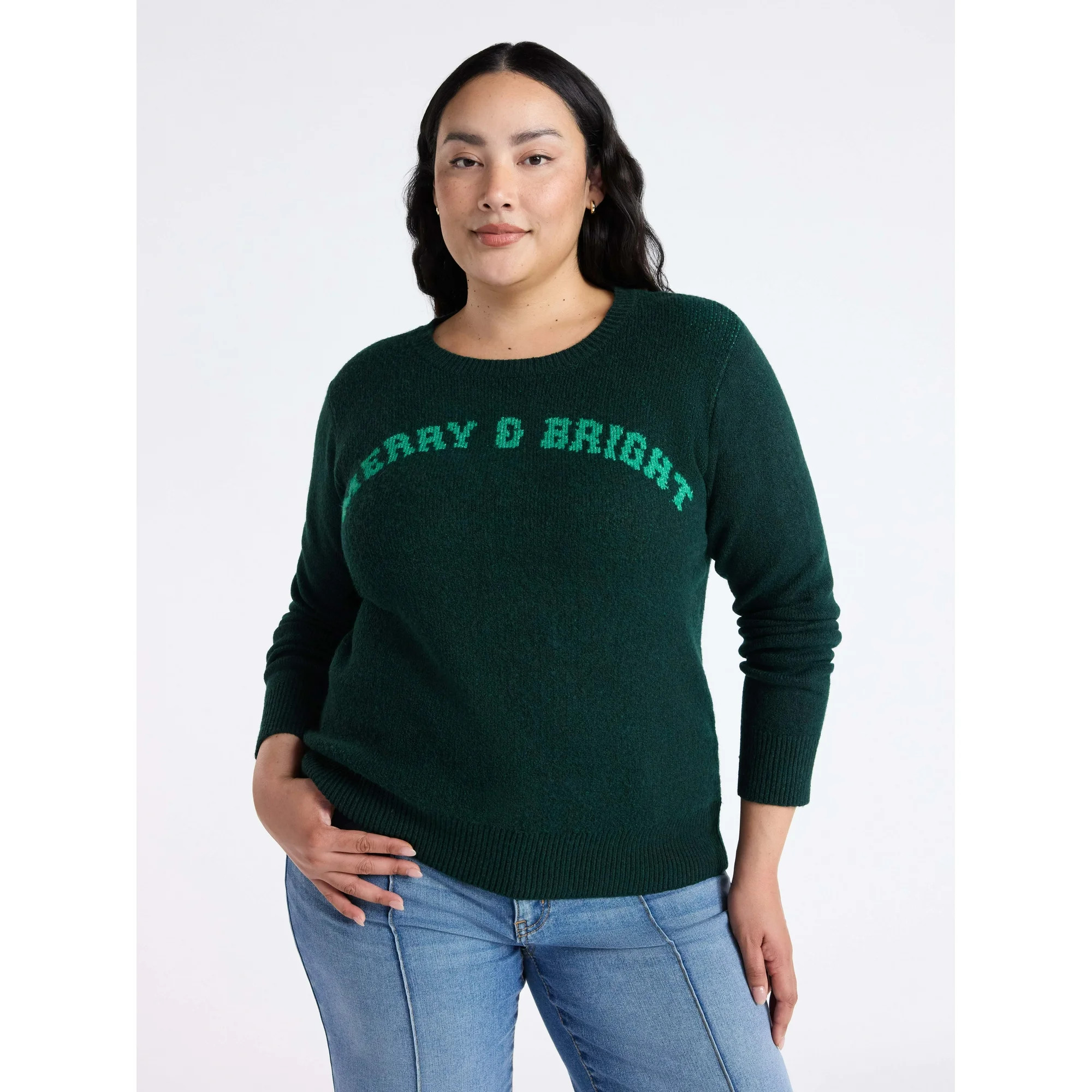Time and Tru Women's and Women's Plus Holiday Talking Sweater with Long Sleeves, Midweight, Sizes... | Walmart (US)