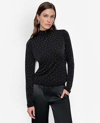 DKNY Women's Embellished Mock-Neck Long-Sleeve Top - Macy's | Macy's