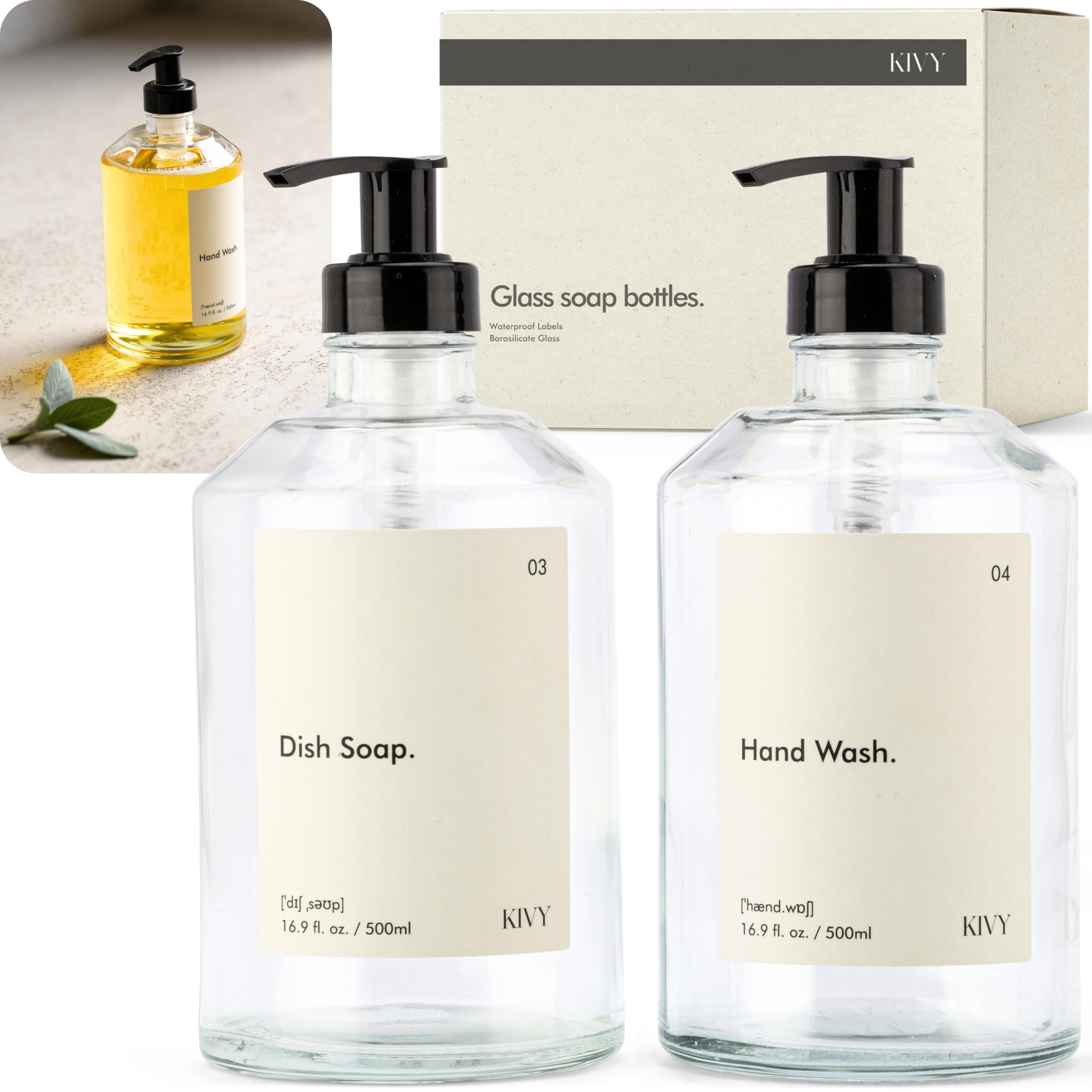 KIVY Glass Soap Dispenser Set [INCL. Waterproof Labels] - Glass Soap Dispenser with Pump - Hand S... | Amazon (US)