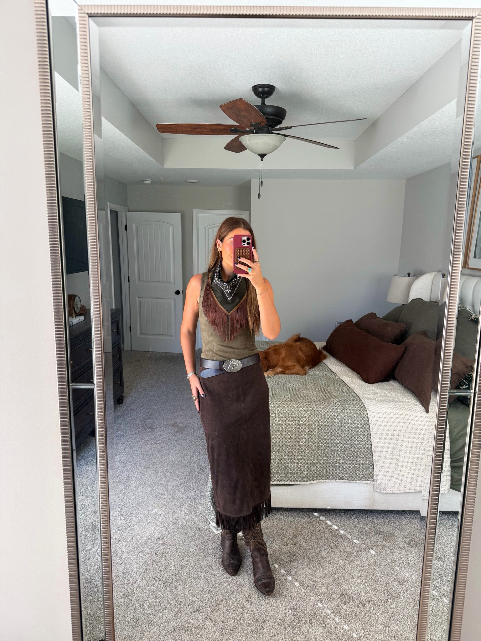 olive top in a small, genuine suede fringe skirt in a 4! 

cowboy boots, western country concert outfit inspo, fall fashion