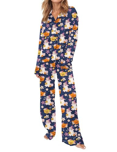 SHESHOW Halloween Pajamas Women Long Sleeve 2 Piece Sets Pumpkin Ghost Halloween Pjs Women Navy XS | Amazon (US)