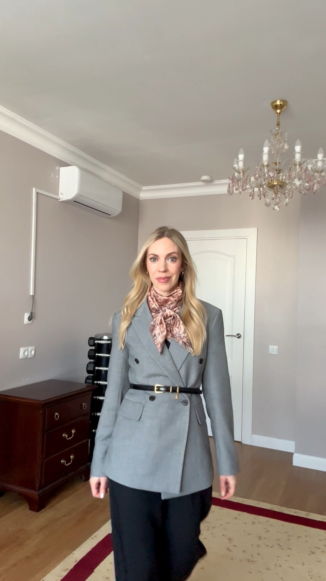 Workwear outfit, silk scarf, gray fitted blazer, Celine belt, @abercrombie Sloane trousers 

#LTKgrwm #LTKootd #LTKWorkwear