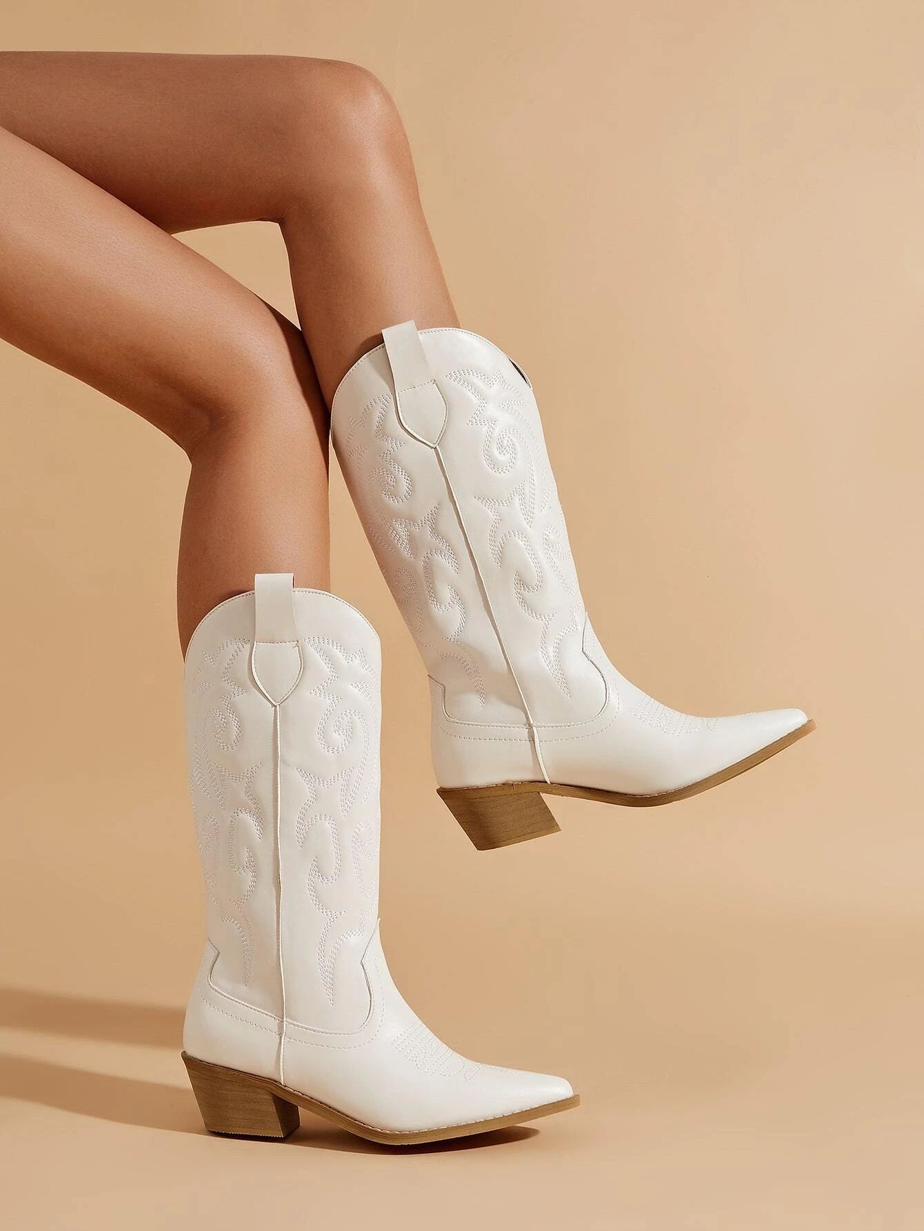 Women Embroidery Point Toe Chunky Heeled Fashion Boots, Vacation White Western Boots SKU: sx22102... | SHEIN