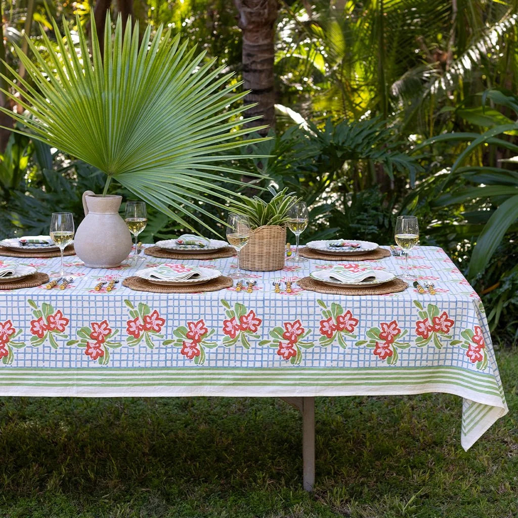 Floral Gingham Hand Block Printed Cotton Tablecloth | Pomegranate