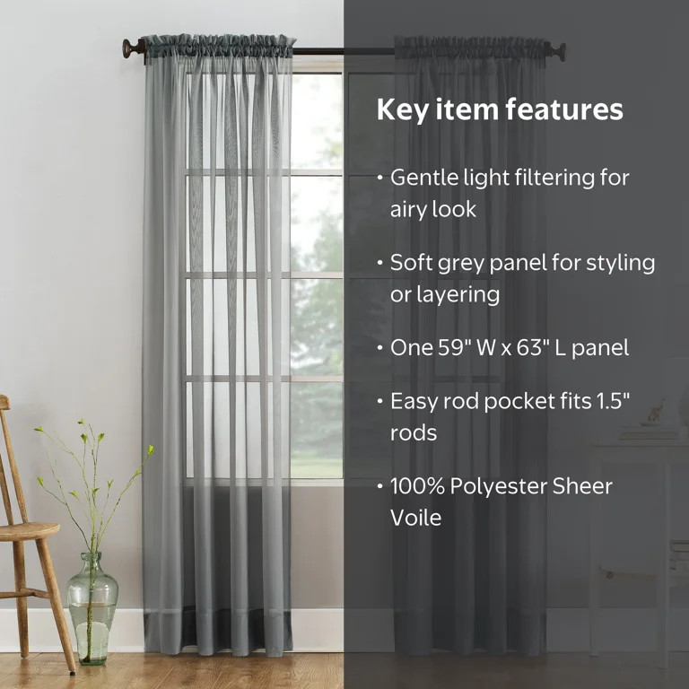 Mainstays Marjorie Sheer Voile Rod Pocket Single Curtain Panel, 59 in x 63 in, Grey | Walmart (US)