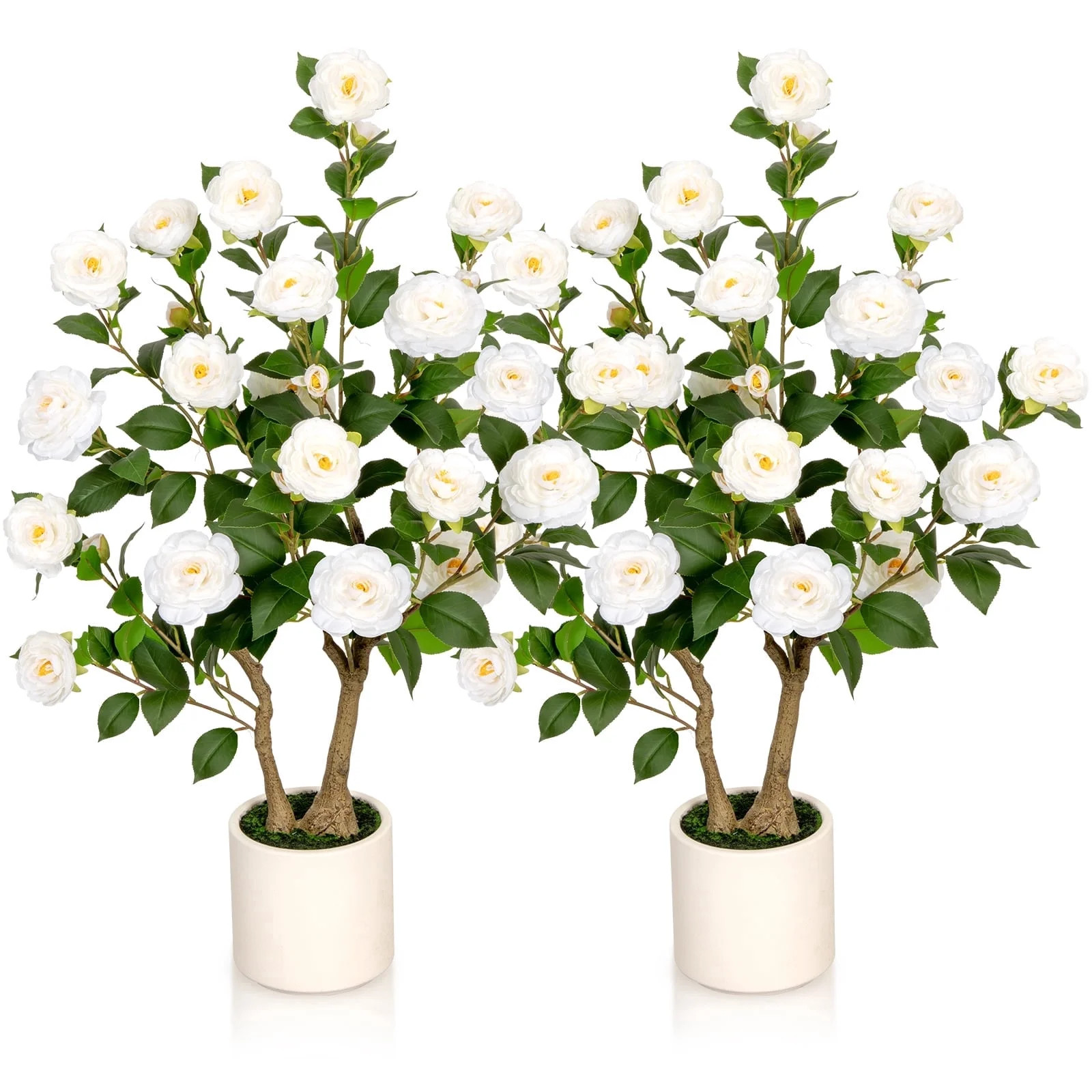 ROMSWI 2 Pack 3FT Artificial Camellia Trees Blooming White Flowers With Planter, Faux Floral Plan... | Walmart (US)