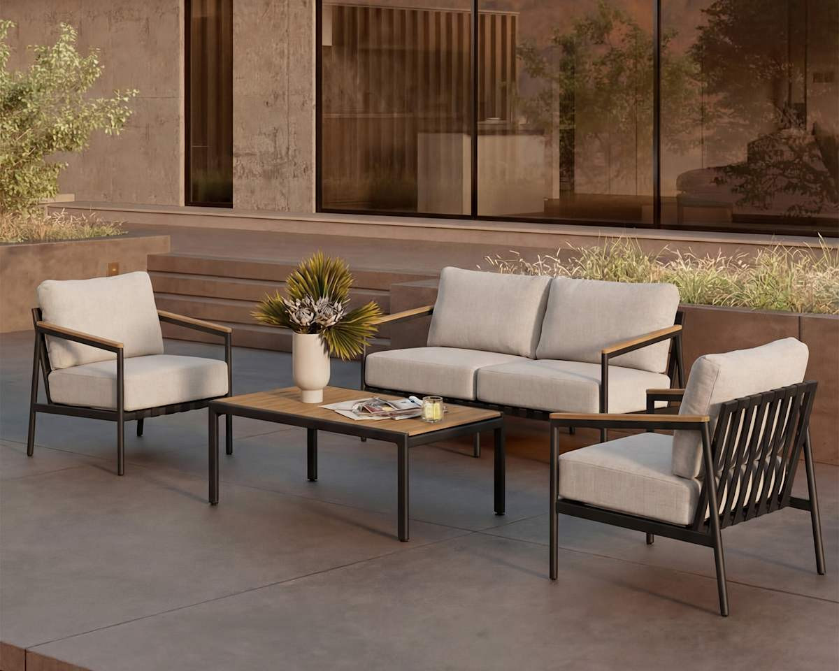 Castlery Sorrento Outdoor Loveseat Set, 2 Chairs & Coffee Table, Aluminium Frame, Water-Repellent Cover, Natural Beige, Multi Color | Castlery US