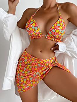 WDIRARA Women's 3 Piece Set Floral Print Swimsuit Halter Tie Back Backless Bathing Suits Bikini S... | Amazon (US)