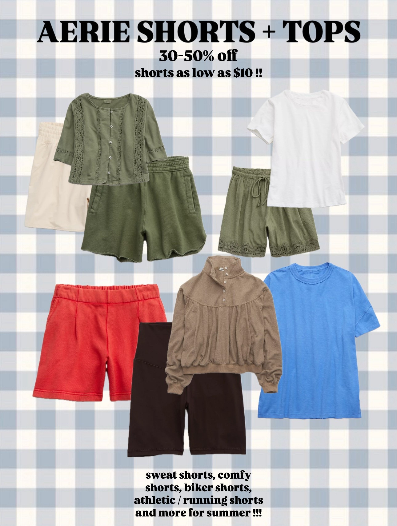 30-50% off shorts and shirts from aerie! i have the green sweat shorts in a medium and they fit before pregnancy and now 8 months pregnant! 

#LTKSummerEdit #LTKSaleAlert #LTKStyleTip