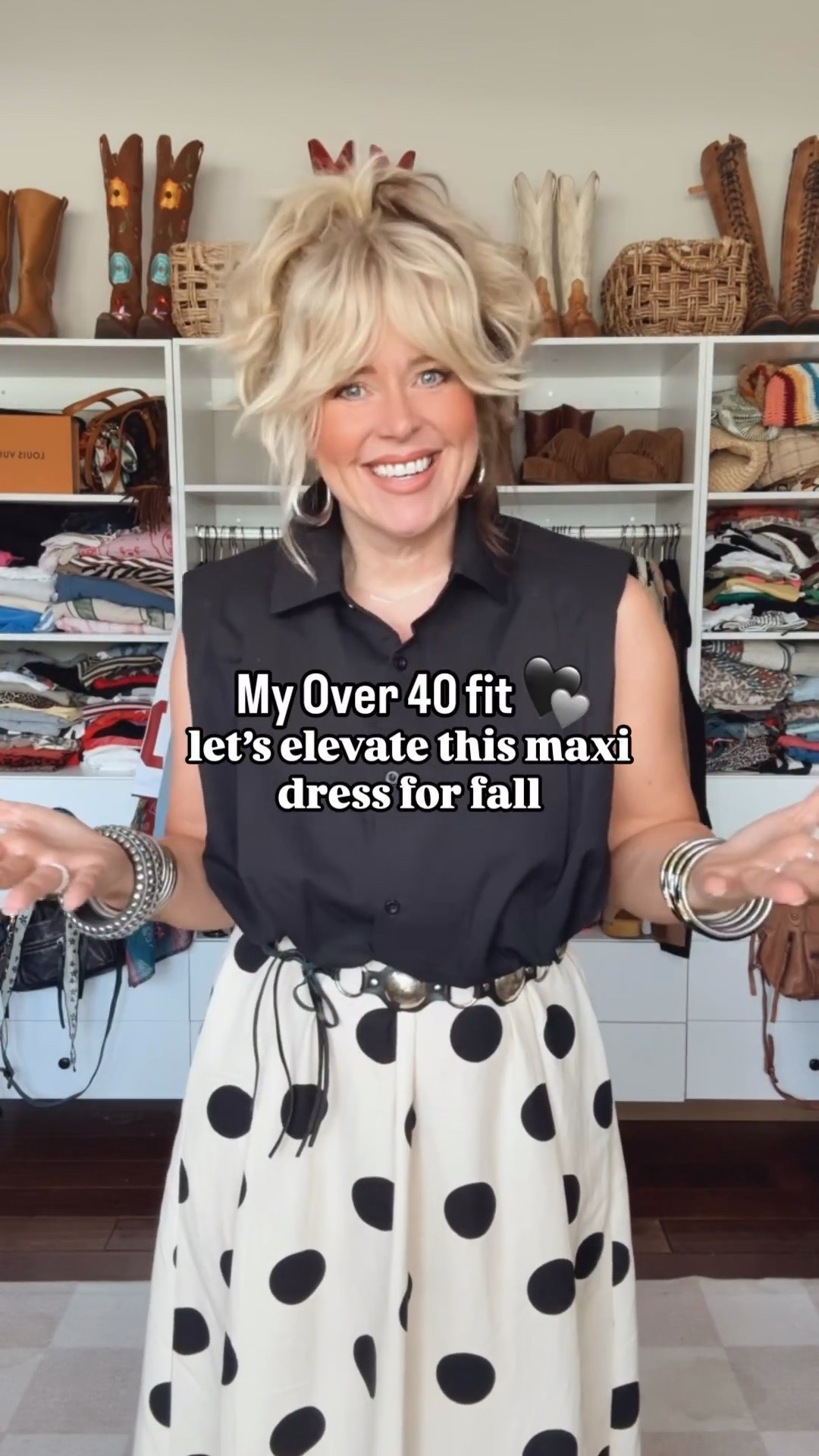 This polka dot dress is the best! Love it layered and it’s perfect with this cinched waist top and belt! 
I’m wearing a medium in both 
True size in these boots

#LTKootd #LTKgrwm #LTKOver40