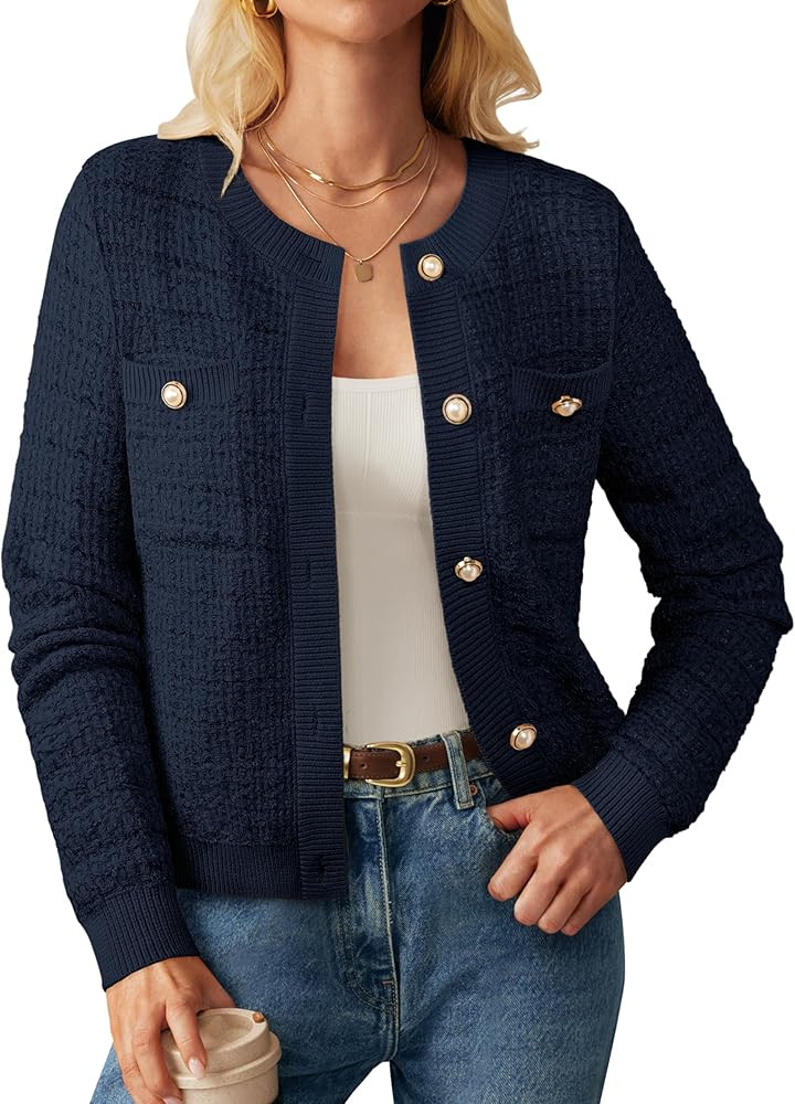 GRACE KARIN Womens Open Front Button Down Long Sleeve Texture Knit Cardigan Sweaters with Pockets | Amazon (US)