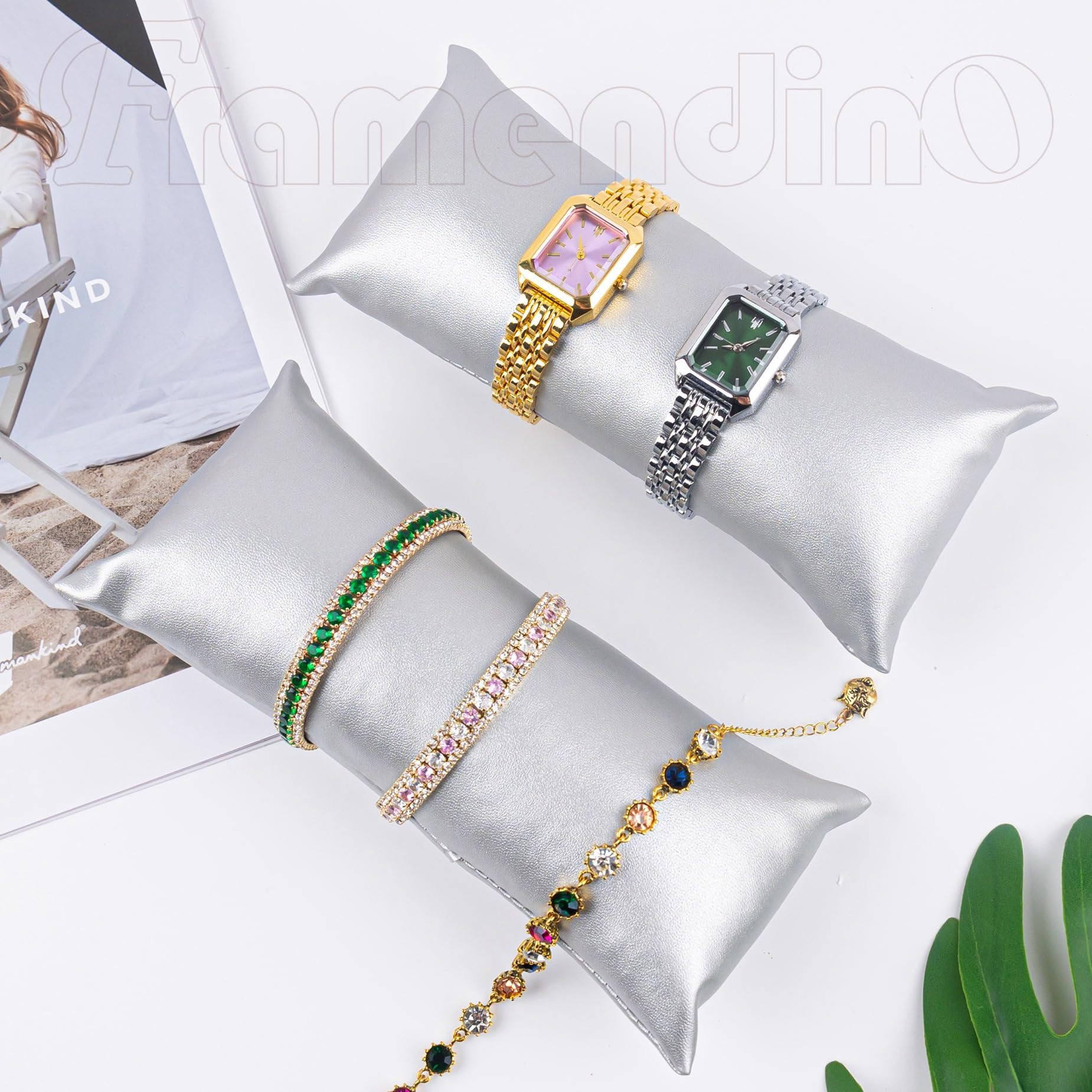 Framendino, 2 Pack Silver Long Watch Pillow PU Leather Bracelet Display Pillows for Jewelry Shows | Amazon (US)