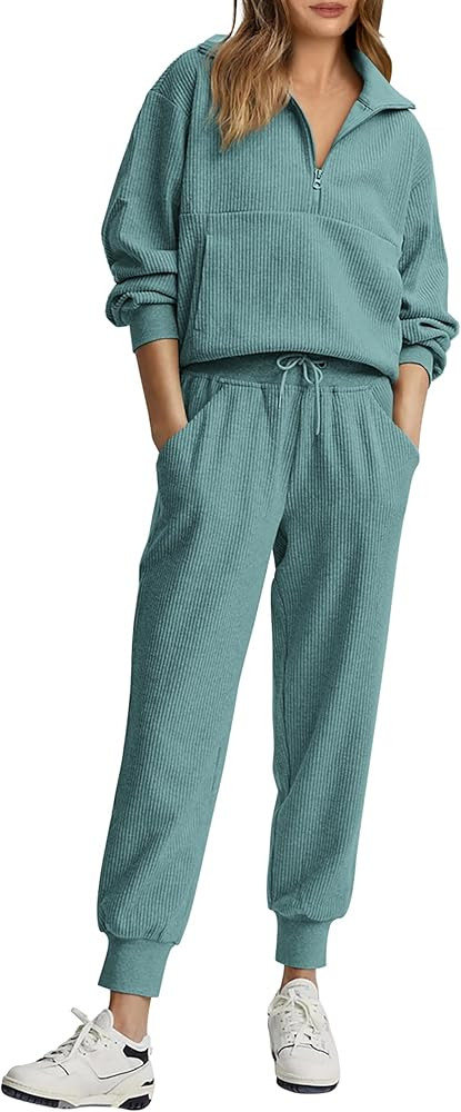 PRETTYGARDEN Womens 2 Piece Sweatsuits Set Long Sleeve Half Zip Pullover Sweatshirt Joggers Sweat... | Amazon (US)