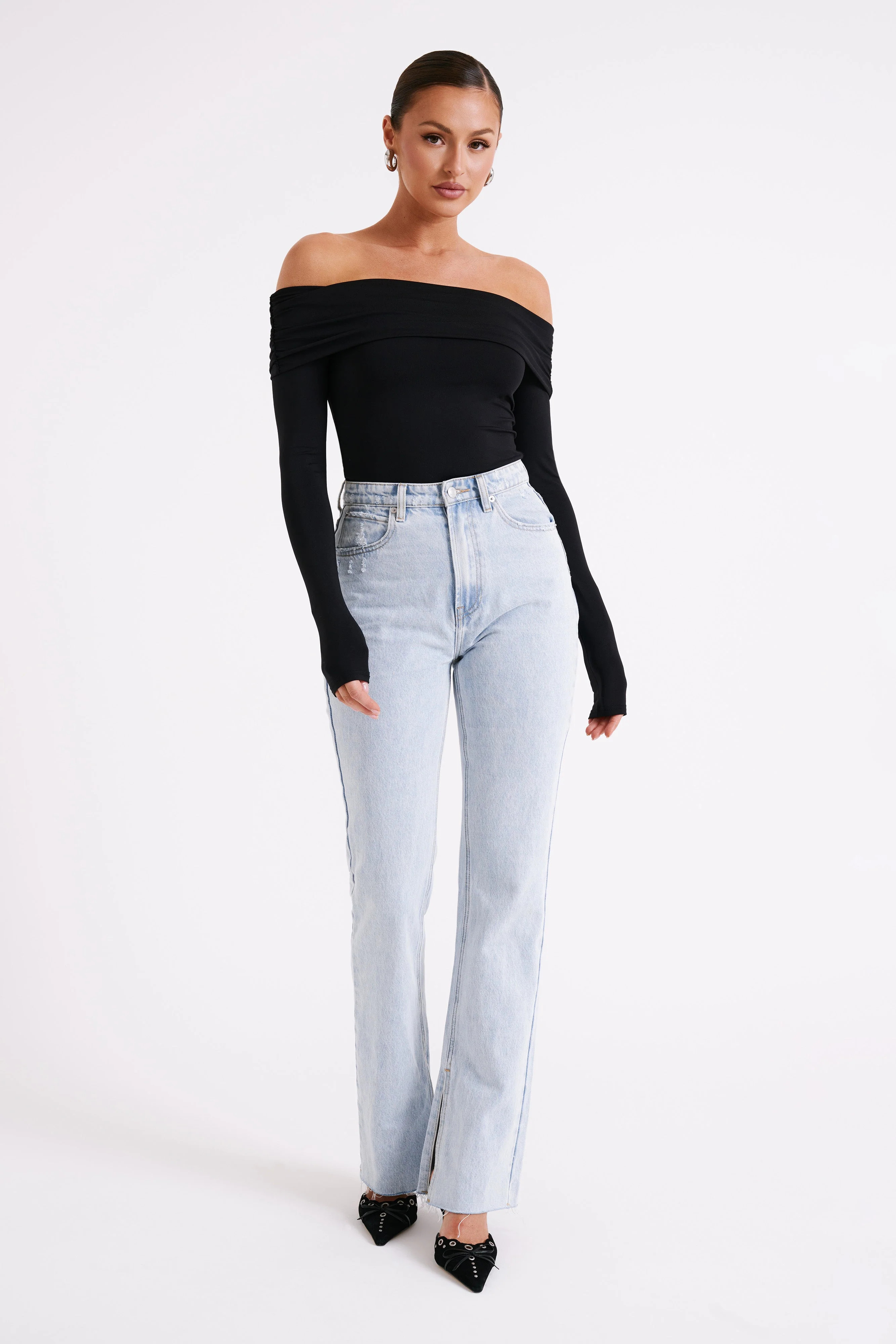 Recycled Nylon Off Shoulder Top - Black | MESHKI US