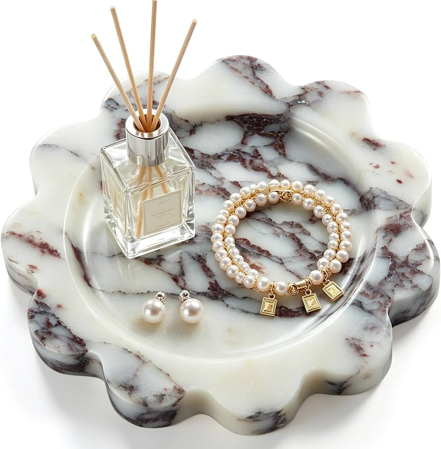 6.3" Scalloped Calacatta Viola Natural Small Marble Tray, Round Jewelry Trinket Dish for Rings, D... | Amazon (US)
