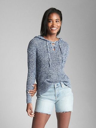 Gap Womens Lace-Up Hooded Pullover Sweater Navy Marl Size S Tall | Gap US
