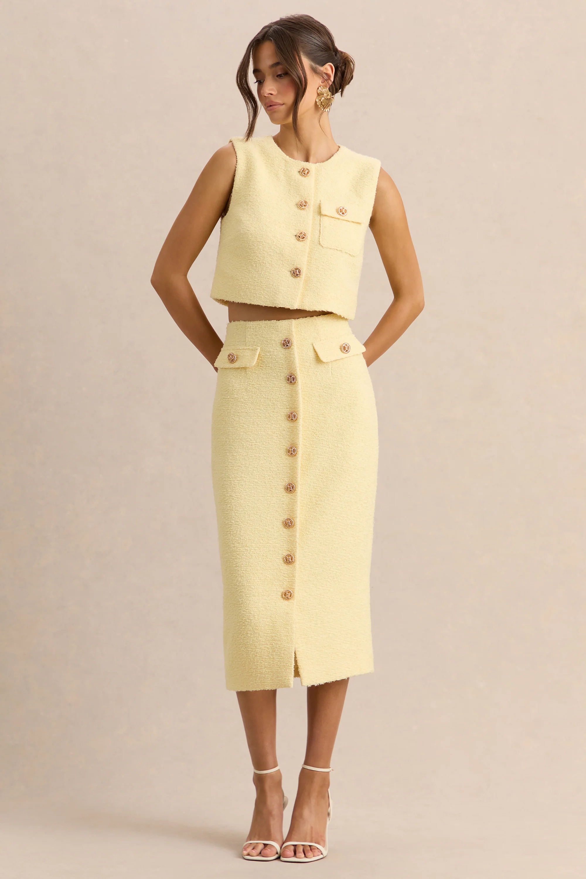 Glyra | Lemon Tailored Midi-Skirt With Button-Detailing | Club L London