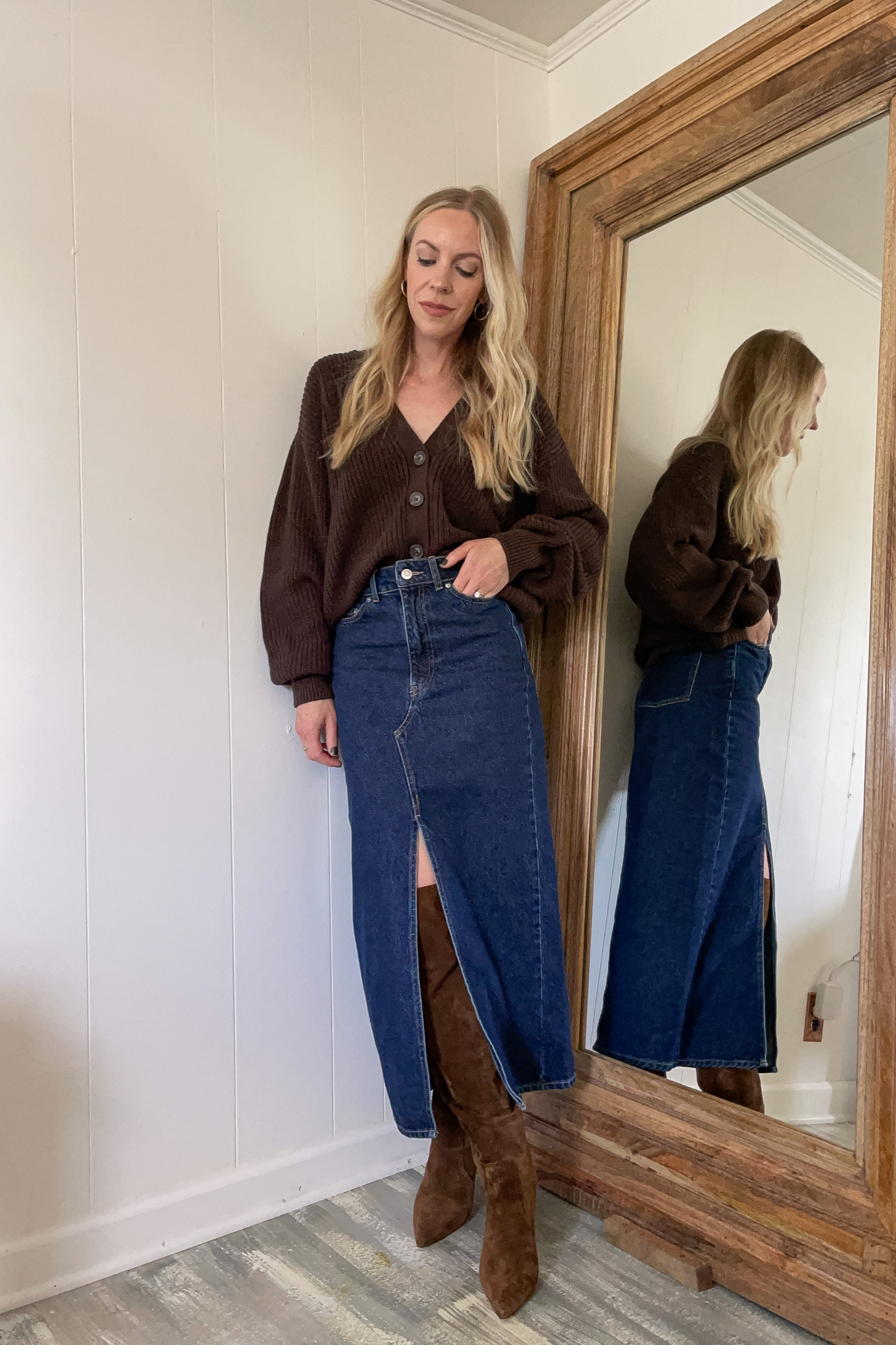 Chocolate brown cardigan, denim midi skirt, fall outfit, suede knee high boots, fall trends 

#LTKshoecrush #LTKfindsunder50 #LTKstyletip