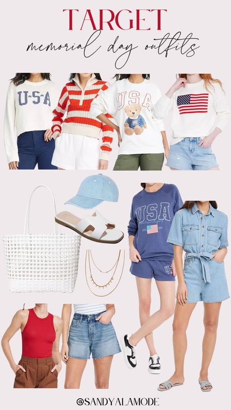 Target finds | MDW outfit idea | red white and blue outfit | Target MDW style | affordable MDW outfit | USA pullover | American flag pullover | USA lounge set | denim romper | white beach tote | basic red tank top | affordable denim shorts | striped beach sweater 

#LTKstyletip #LTKSeasonal #LTKfindsunder100