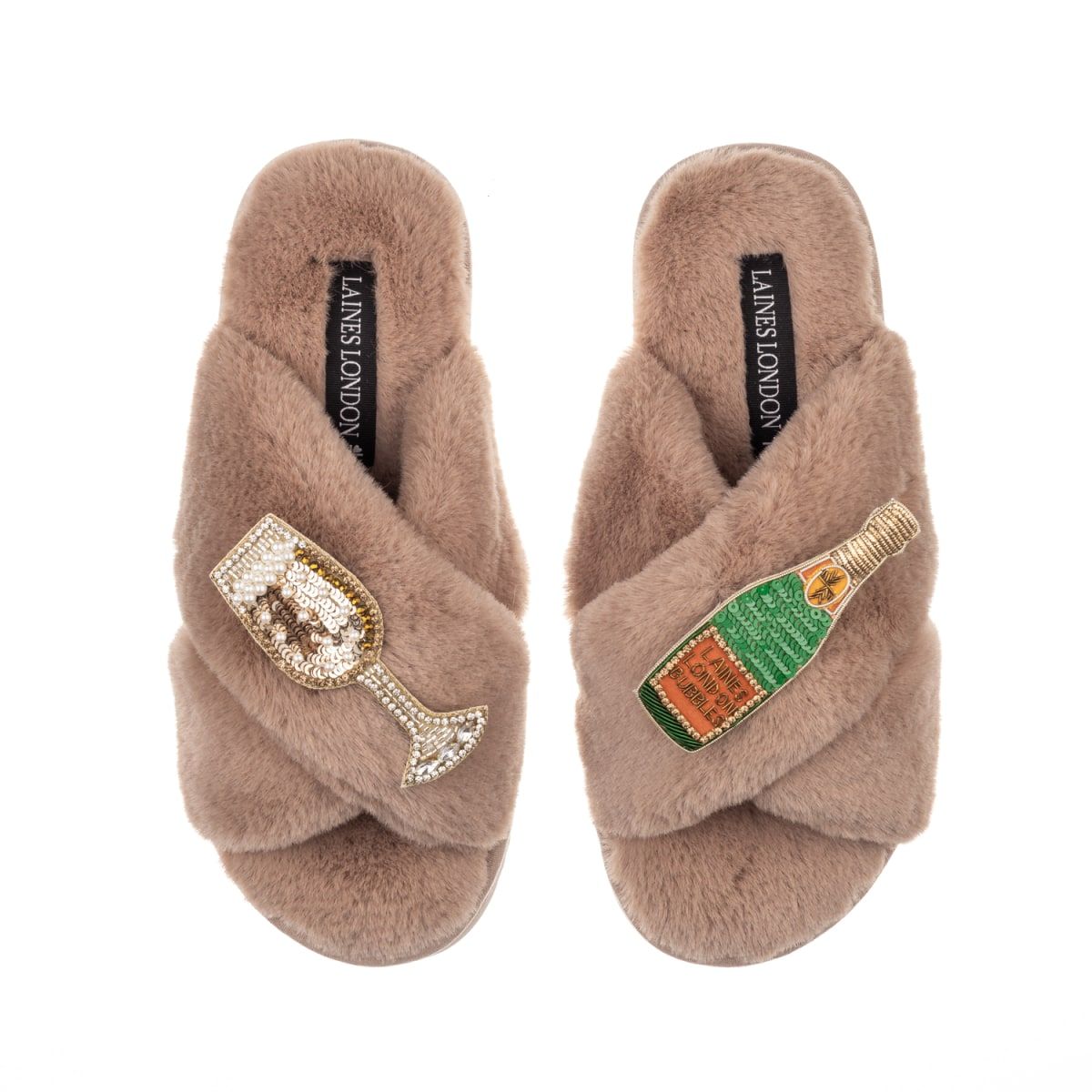 Classic Laines Slippers With Laines Champers & Glass Brooches - Toffee | Wolf & Badger (US)