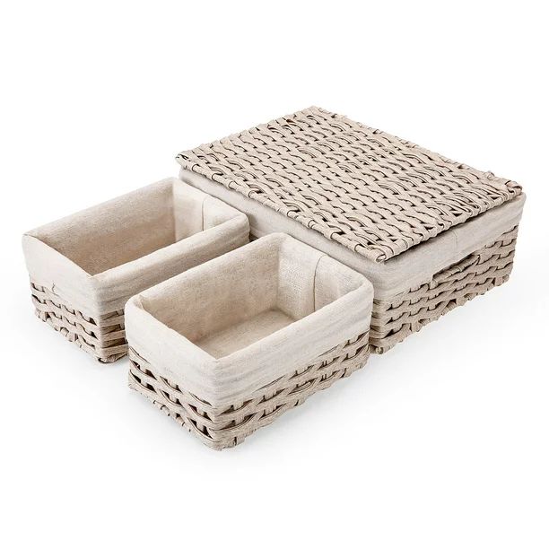 Wicker Storage Baskets Sets of 3 Woven Basket with Lids Small Storage Organizer Bins Handmade Dec... | Walmart (US)
