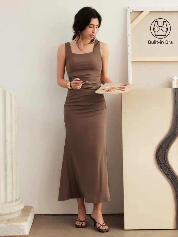 2Pcs Set Square Neck Side Ruched Brami Tank & Mermaid Maxi Skirt | OGLmove