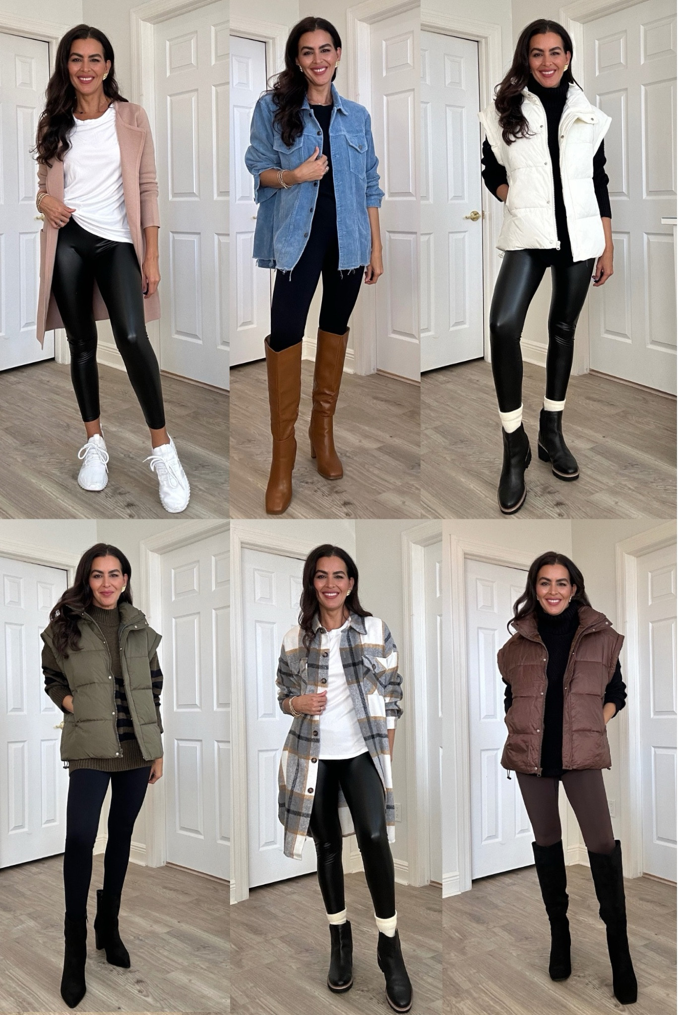 all sizing & details here⬇️
• wearing a size S in the cardigan/coat in color khaki.
• size in the faux leather & regular leggings. 
• size M, in the white long sleeve T-shirt and the black T-shirt.
• size M in puffer vest. For an oversize fit.
• size S in shirt jackets.
• oh boots and shoes run through to size. Wearing a size 9.5 in all of them.