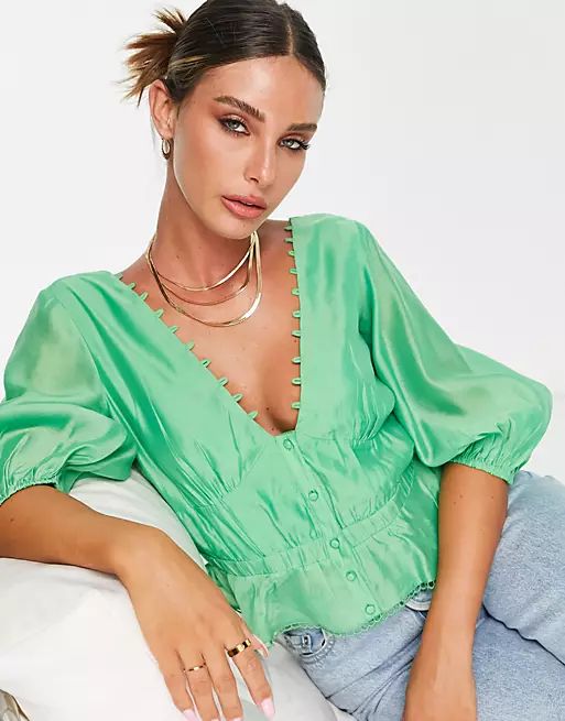 ASOS DESIGN elastic waist blouse with peplum hem & button detail in green | ASOS (Global)
